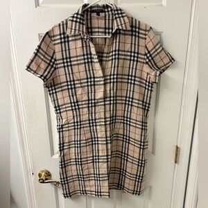 BURBERRY LONDON VINTAGE LINEN MINI SHIRT DRESS SZ 14 GUC NOVA CHECK
